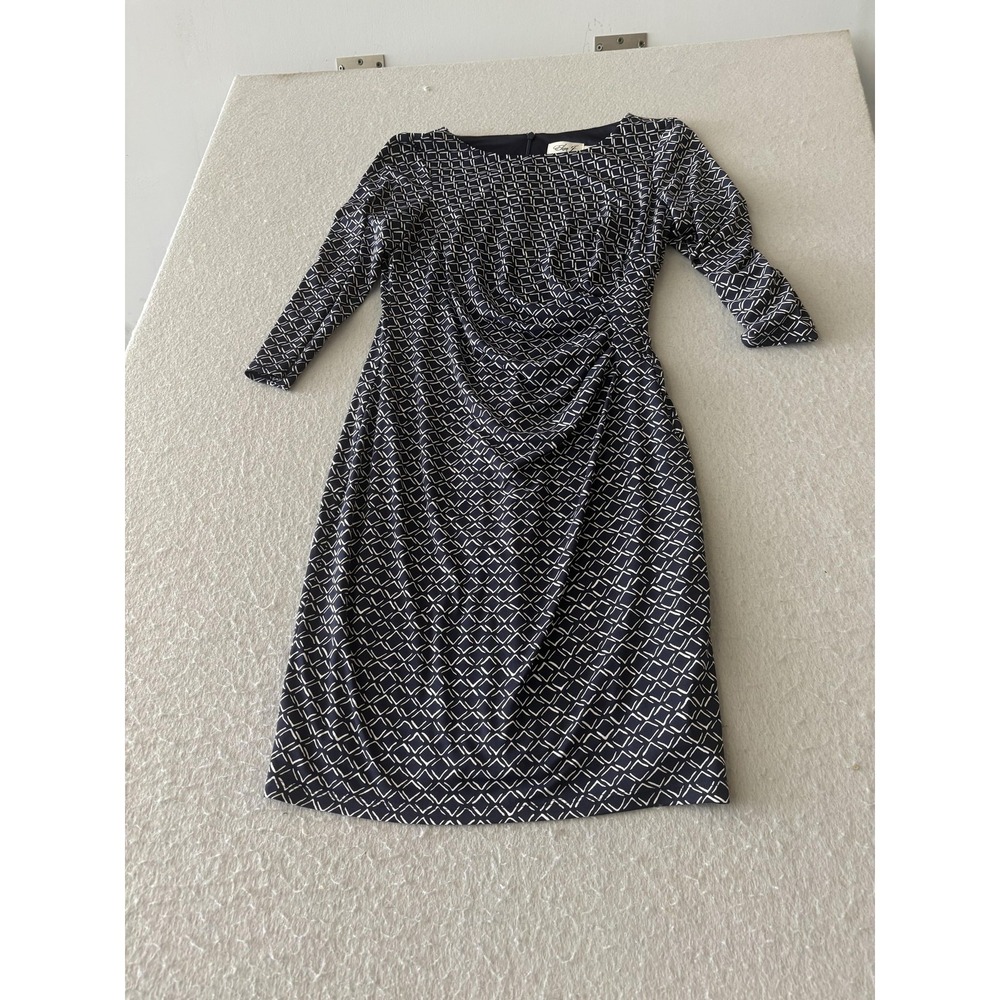 Eliza J Dress Womens 4 Blue Geometric Ruched‎ Sheath 3/4 Sleeve Knee Length